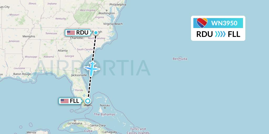 WN3950 Southwest Airlines Flight Map: Raleigh-Durham to Fort Lauderdale