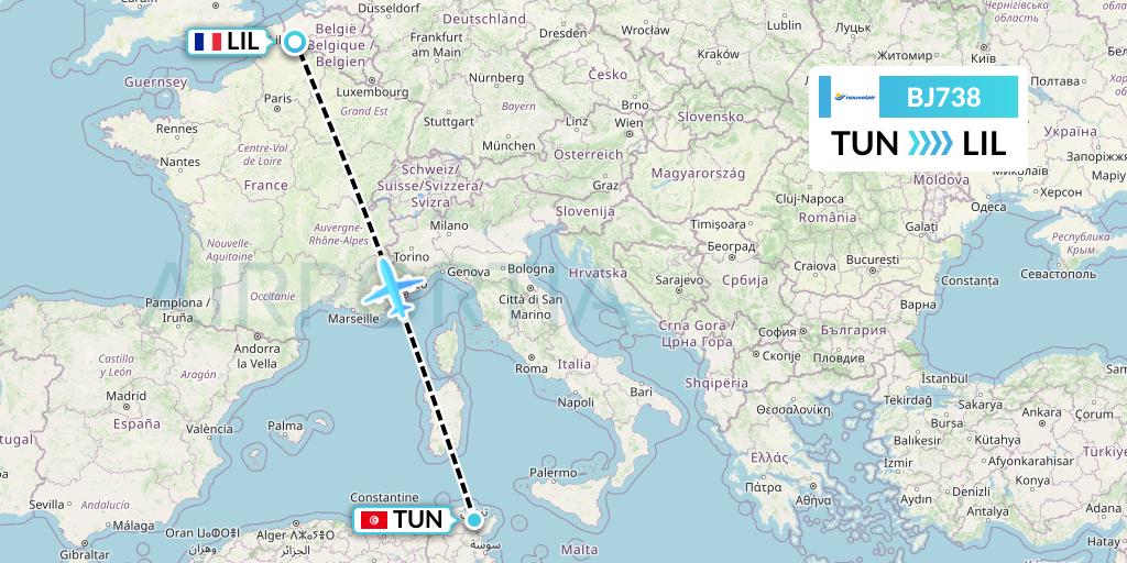 BJ738 Nouvelair Tunisie Flight Map: Tunis to Lille