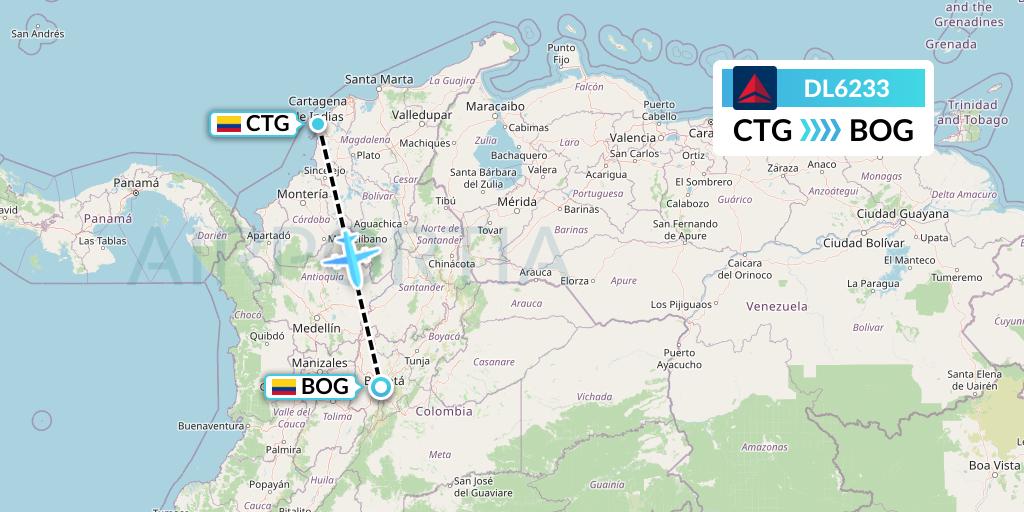 DL6233 Delta Air Lines Flight Map: Cartagena to Bogota