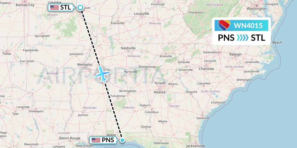 WN4015 Southwest Airlines Flight Map: Pensacola to St. Louis