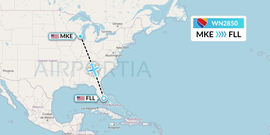 WN2850 Southwest Airlines Flight Map: Milwaukee to Fort Lauderdale