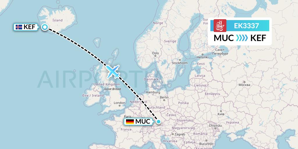 EK3337 Emirates Flight Map: Munich to Reykjavik