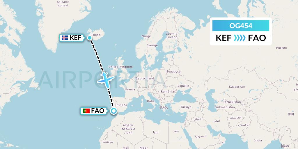 OG454 Fly Play Flight Map: Reykjavik to Faro