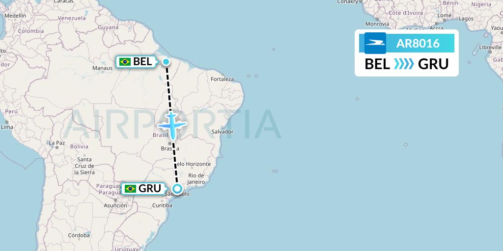 AR8016 Aerolineas Argentinas Flight Map: Belem to Sao Paulo