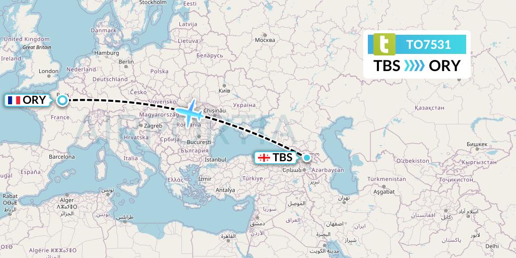 TO7531 Transavia France Flight Map: Tbilisi to Paris