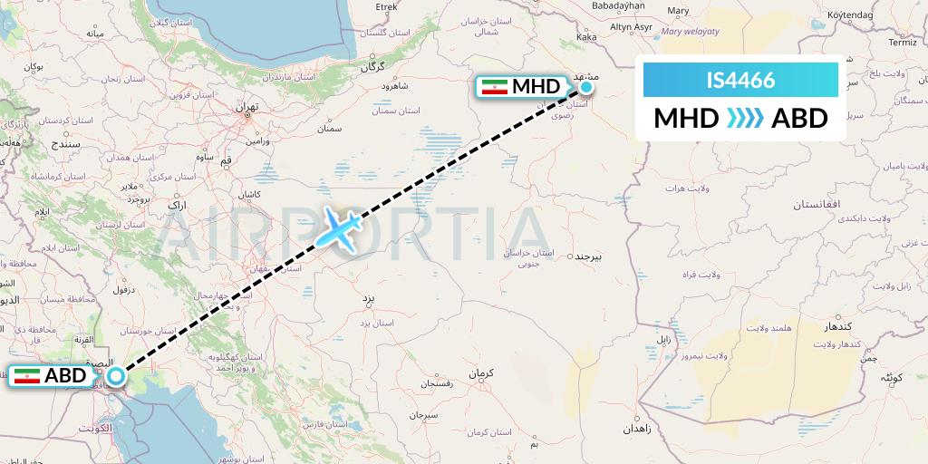 IS4466 Sepehran Airlines Flight Map: Mashhad to Abadan