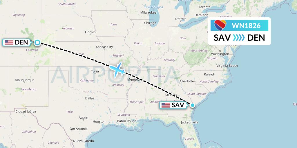 WN1826 Southwest Airlines Flight Map: Savannah to Denver