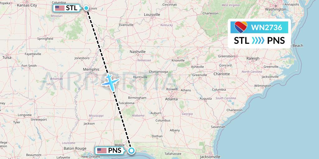 WN2736 Southwest Airlines Flight Map: St. Louis to Pensacola