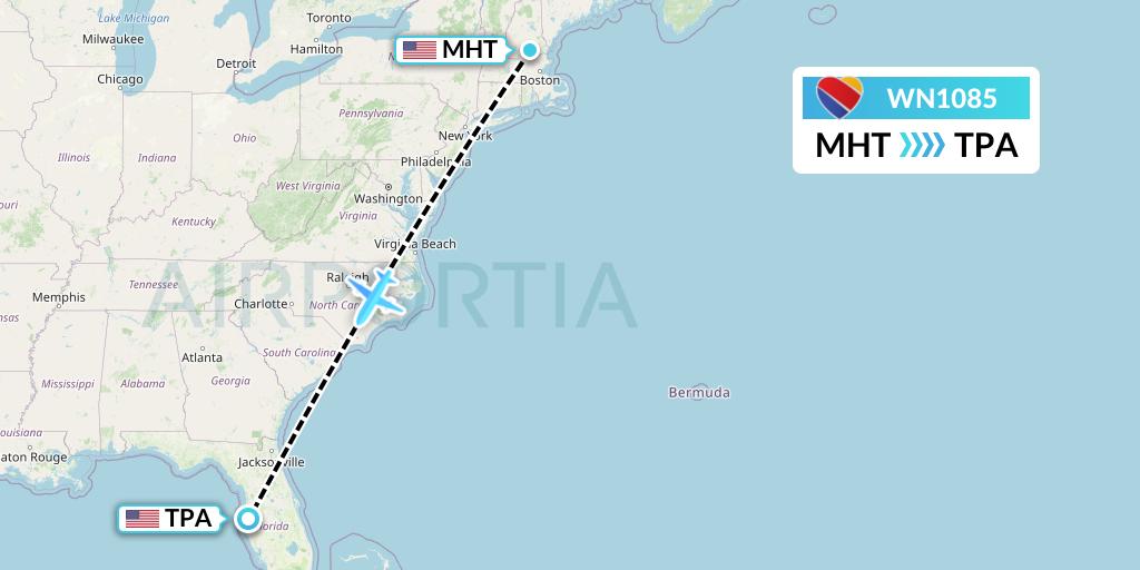 WN1085 Southwest Airlines Flight Map: Manchester to Tampa