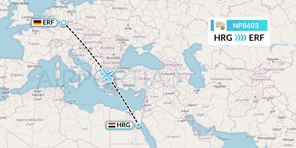 NP8603 Nile Air Flight Map: Hurghada to Erfurt