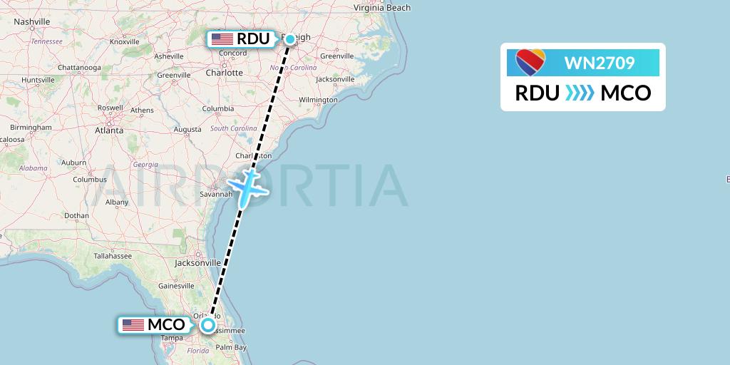 WN2709 Southwest Airlines Flight Map: Raleigh-Durham to Orlando