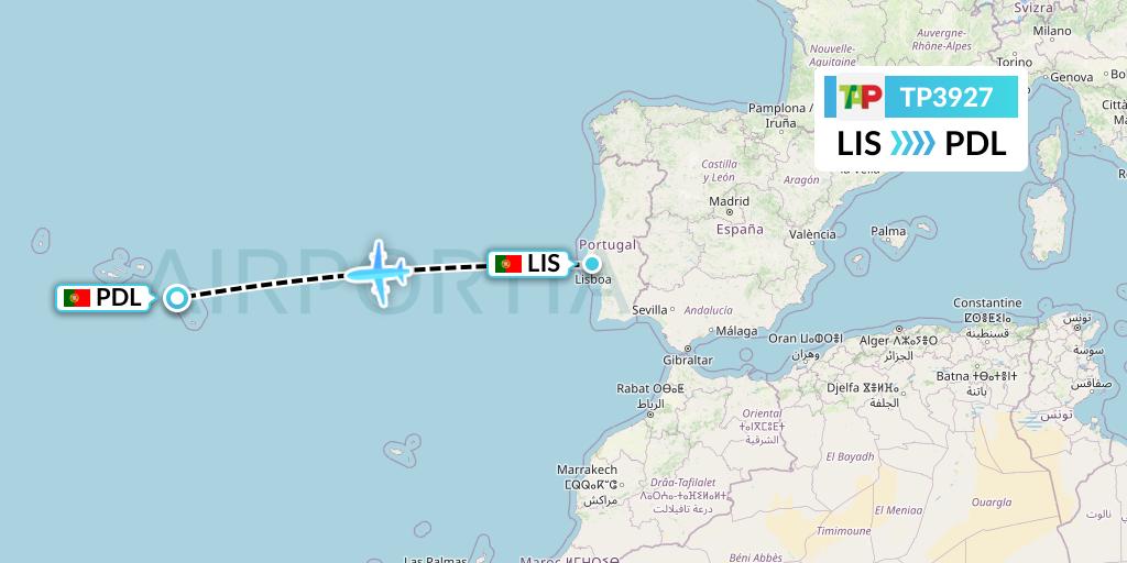 TP3927 TAP Portugal Flight Map: Lisbon to Ponta Delgada