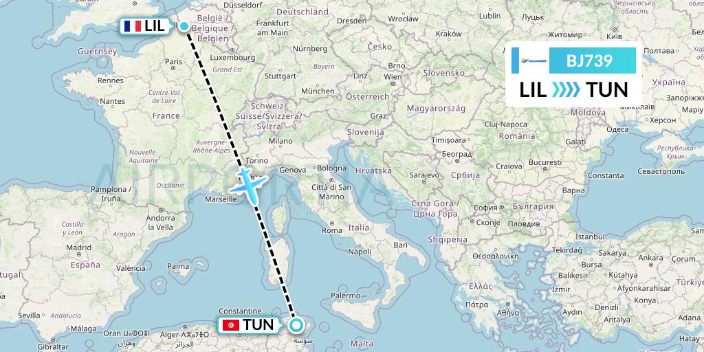 BJ739 Nouvelair Tunisie Flight Map: Lille to Tunis