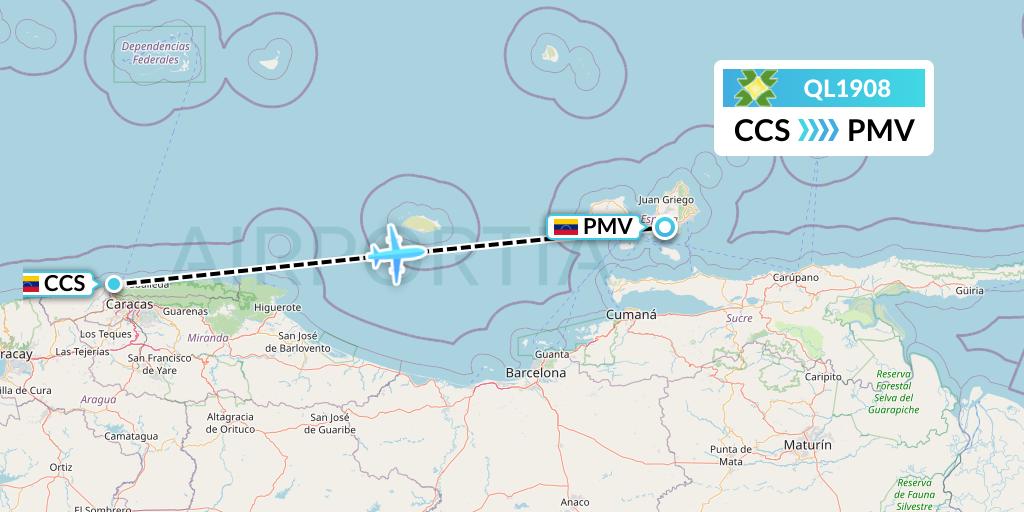 QL1908 Laser Airlines Flight Map: Caracas to Porlamar