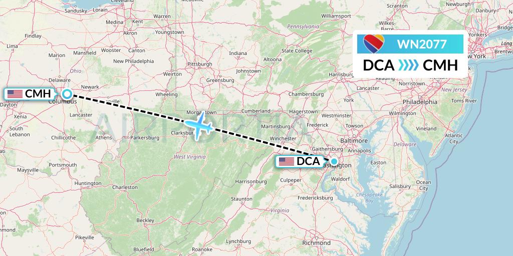 WN2077 Southwest Airlines Flight Map: Washington to Columbus