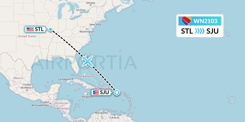WN2103 Southwest Airlines Flight Map: St. Louis to San Juan