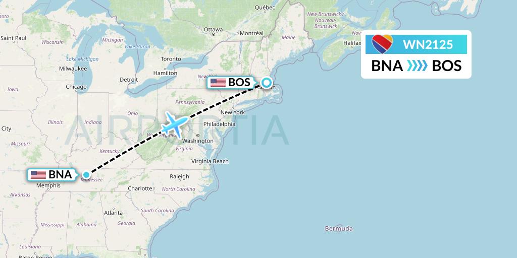 WN2125 Southwest Airlines Flight Map: Nashville to Boston