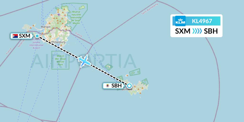 KL4967 KLM Flight Map: Sint Maarten to St. Jean