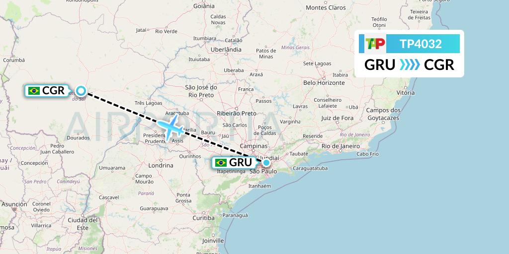TP4032 TAP Portugal Flight Map: Sao Paulo to Campo Grande