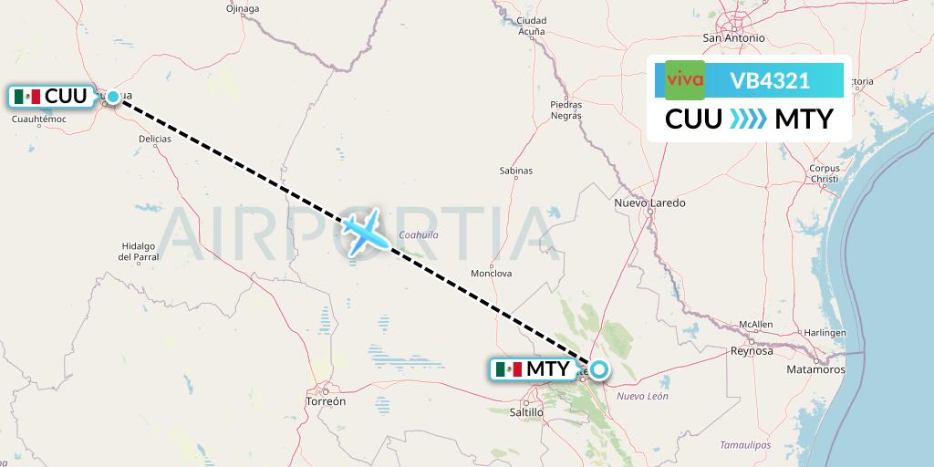 VB4321 VivaAerobus Flight Map: Chihuahua to Monterrey