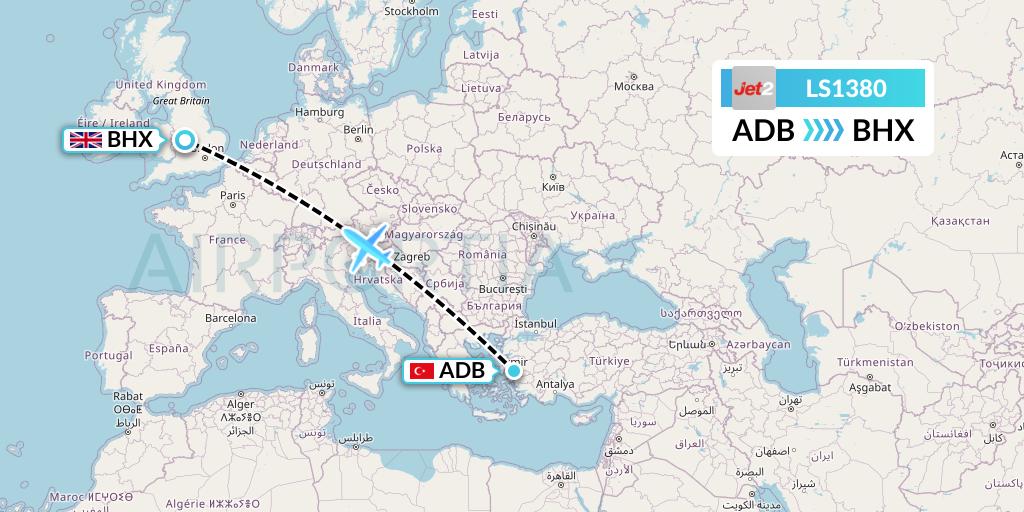 LS1380 Jet2 Flight Map: Izmir to Birmingham