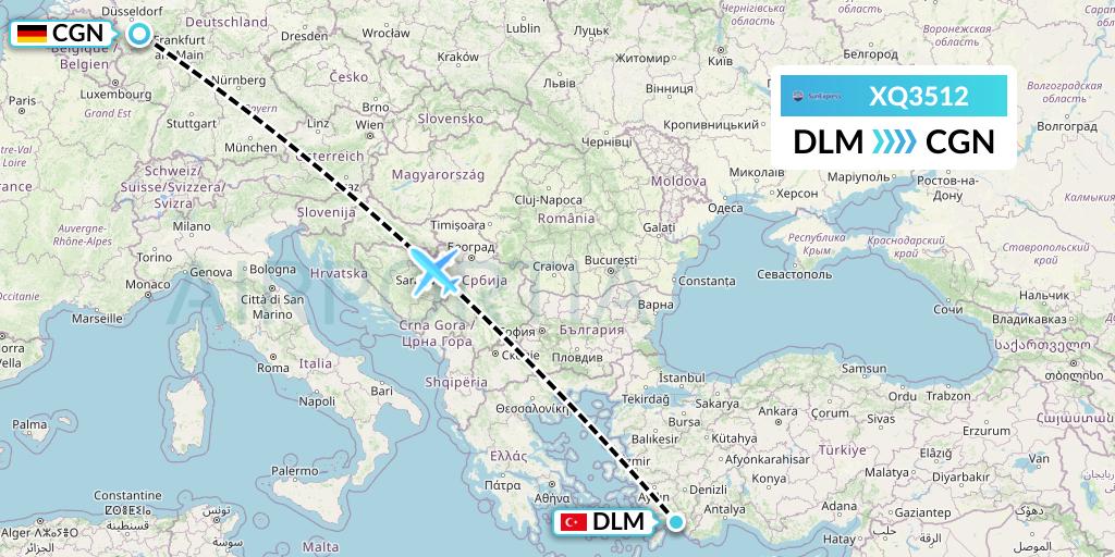 XQ3512 SunExpress Flight Map: Dalaman to Cologne