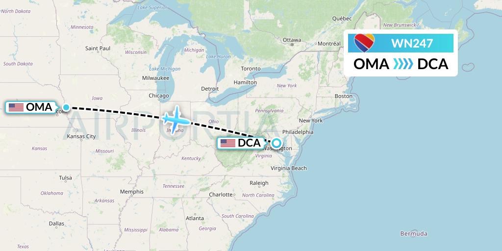WN247 Southwest Airlines Flight Map: Omaha to Washington