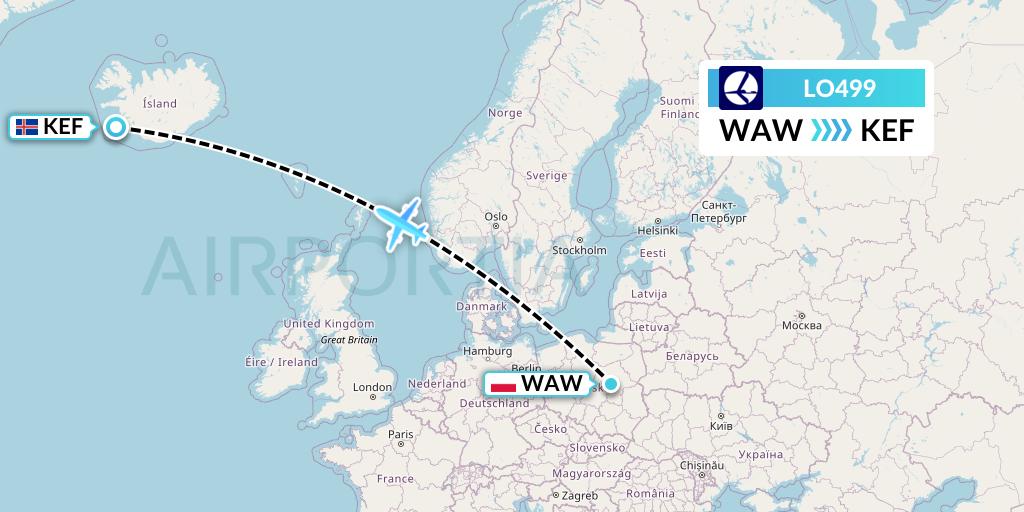 LO499 LOT Flight Map: Warsaw to Reykjavik