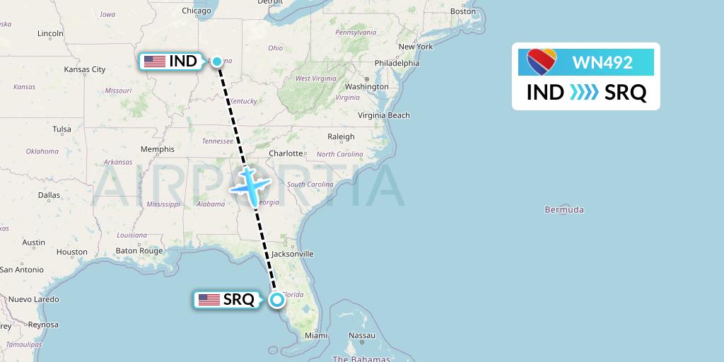 WN492 Southwest Airlines Flight Map: Indianapolis to Sarasota