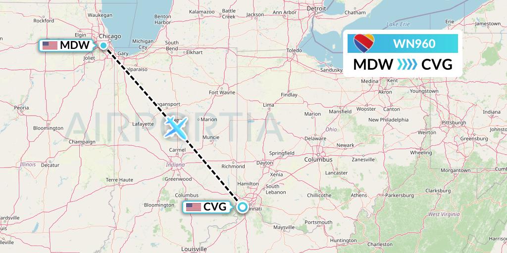 WN960 Southwest Airlines Flight Map: Chicago to Cincinnati