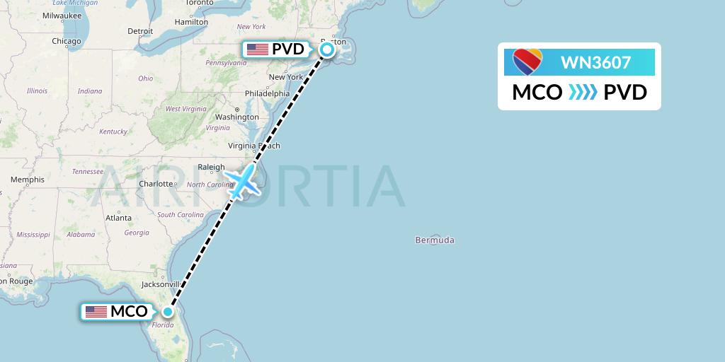 WN3607 Southwest Airlines Flight Map: Orlando to Providence