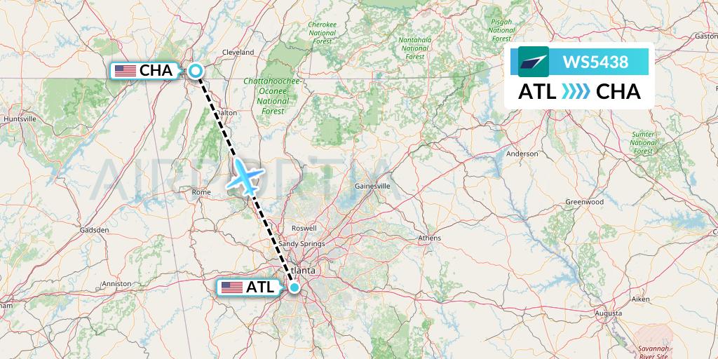 WS5438 WestJet Flight Map: Atlanta to Chattanooga