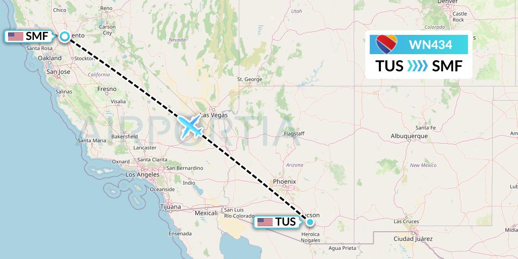 WN434 Southwest Airlines Flight Map: Tucson to Sacramento
