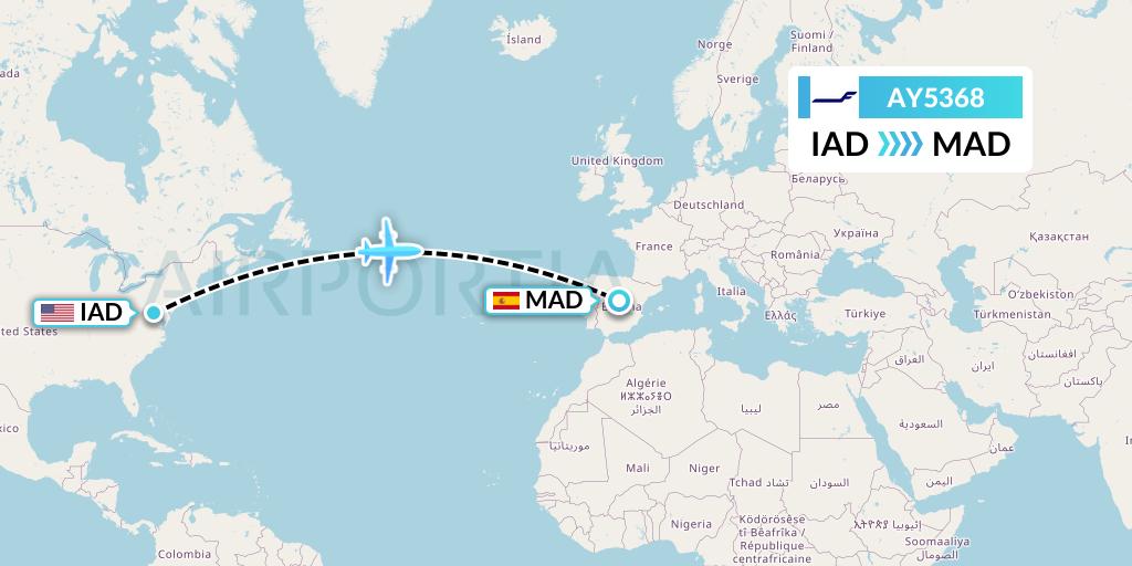 AY5368 Finnair Flight Map: Washington to Madrid
