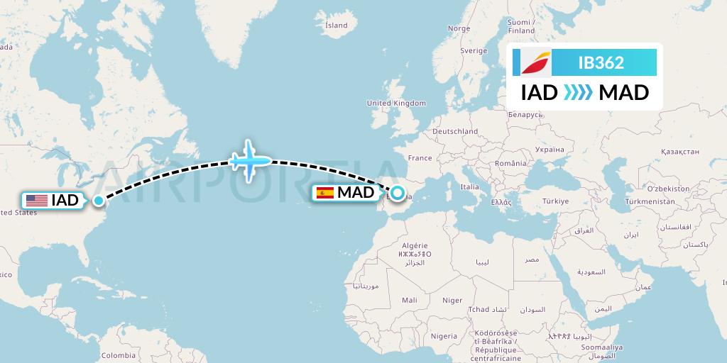 IB362 Iberia Flight Map: Washington to Madrid