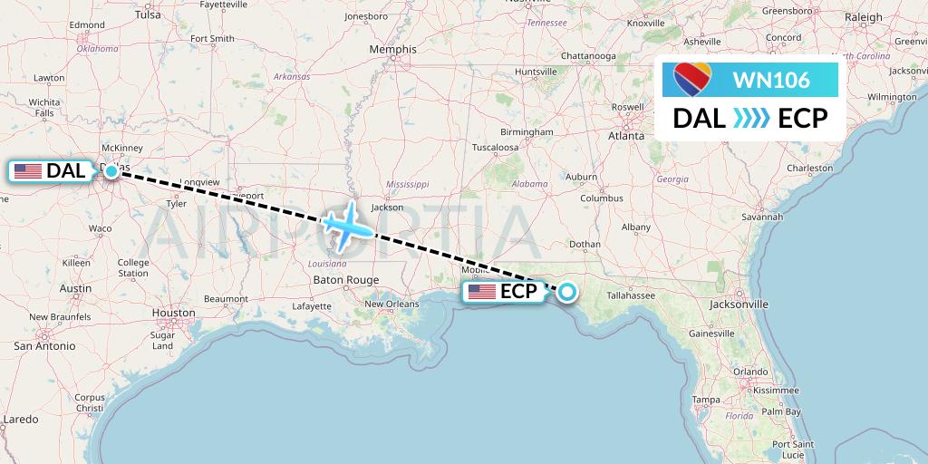 WN106 Southwest Airlines Flight Map: Dallas to Panama City