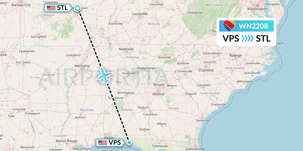 WN2208 Southwest Airlines Flight Map: Valparaiso to St. Louis
