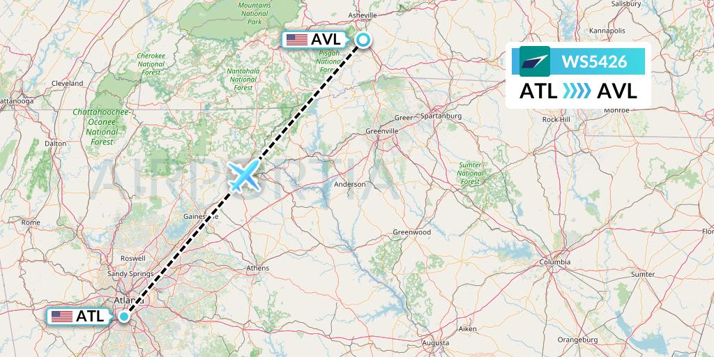 WS5426 WestJet Flight Map: Atlanta to Asheville