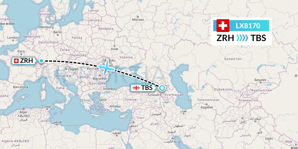 LX8170 Swiss Flight Map: Zurich to Tbilisi