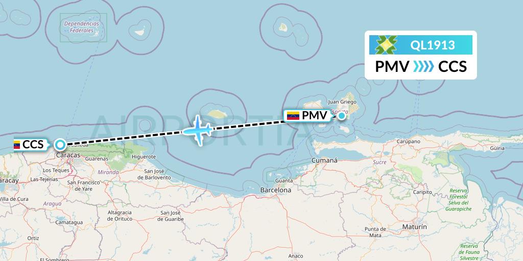 QL1913 Laser Airlines Flight Map: Porlamar to Caracas