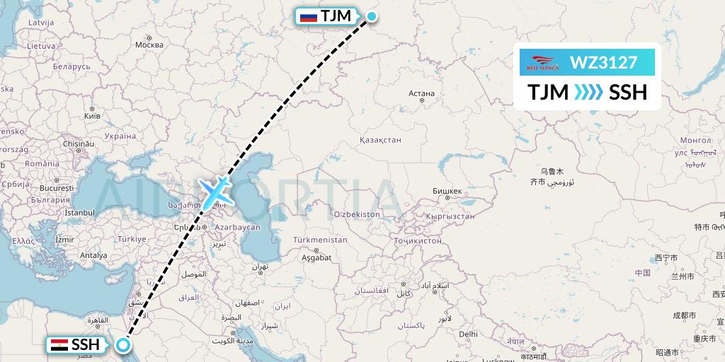 WZ3127 Red Wings Flight Map: Tyumen to Sharm el-Sheikh