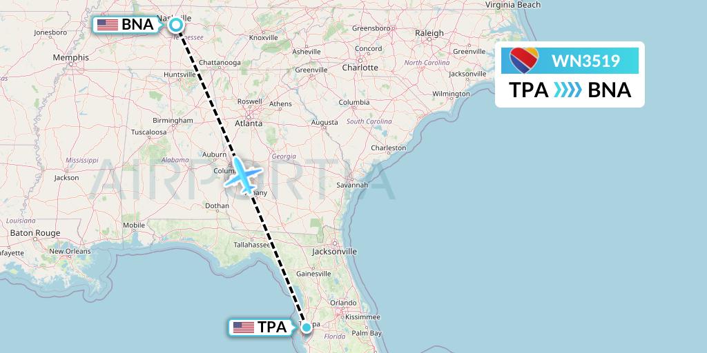 WN3519 Southwest Airlines Flight Map: Tampa to Nashville