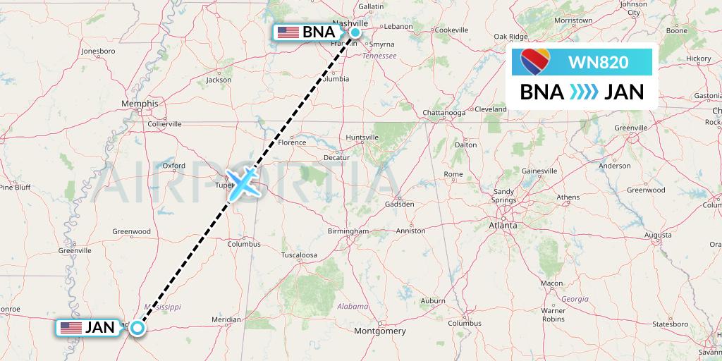 WN820 Southwest Airlines Flight Map: Nashville to Jackson