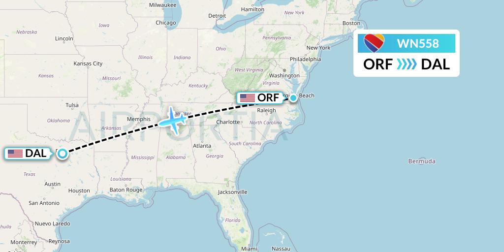 WN558 Southwest Airlines Flight Map: Norfolk to Dallas