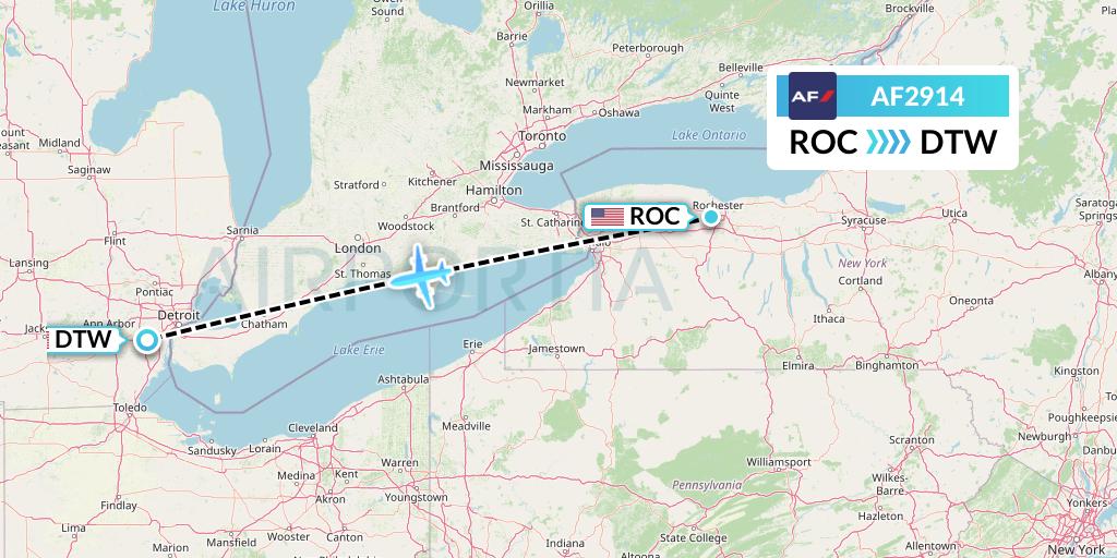 AF2914 Air France Flight Map: Rochester to Detroit