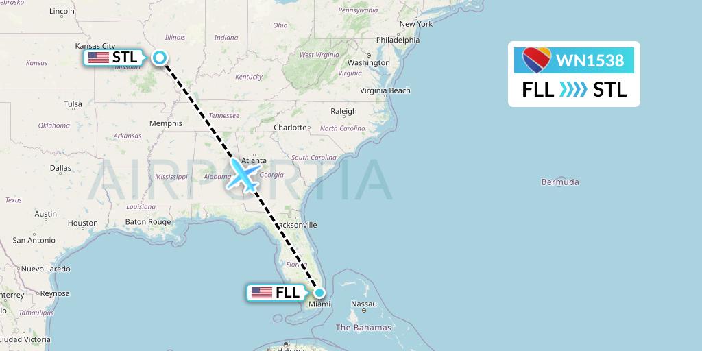 WN1538 Southwest Airlines Flight Map: Fort Lauderdale to St. Louis