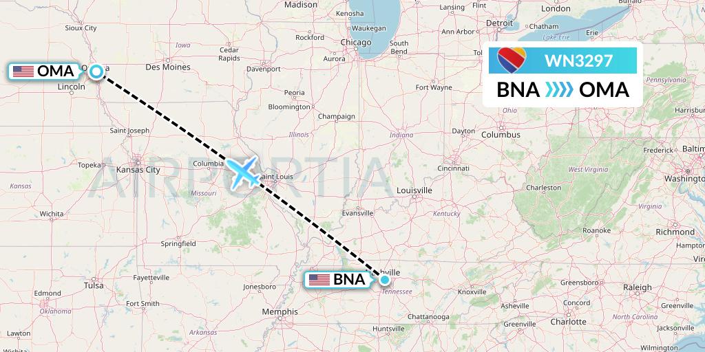 WN3297 Southwest Airlines Flight Map: Nashville to Omaha
