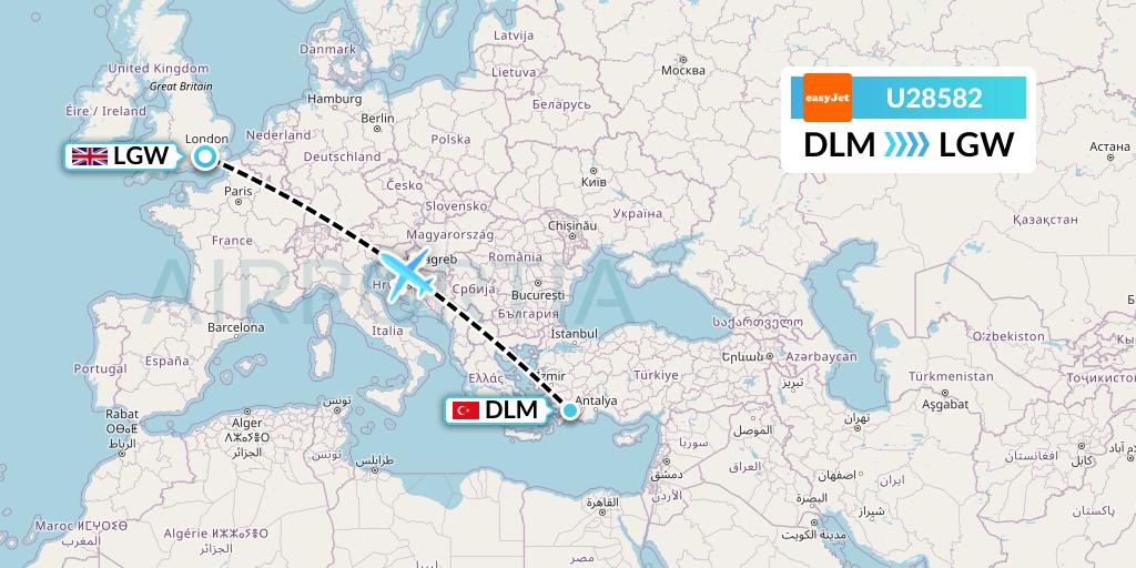 U28582 EasyJet Flight Map: Dalaman to London