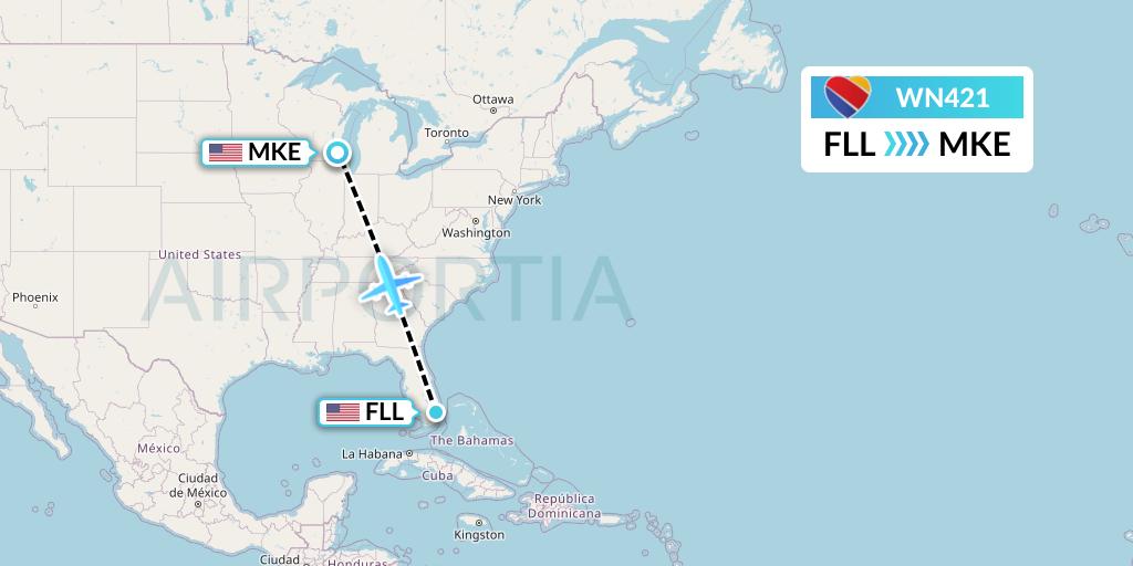 WN421 Southwest Airlines Flight Map: Fort Lauderdale to Milwaukee