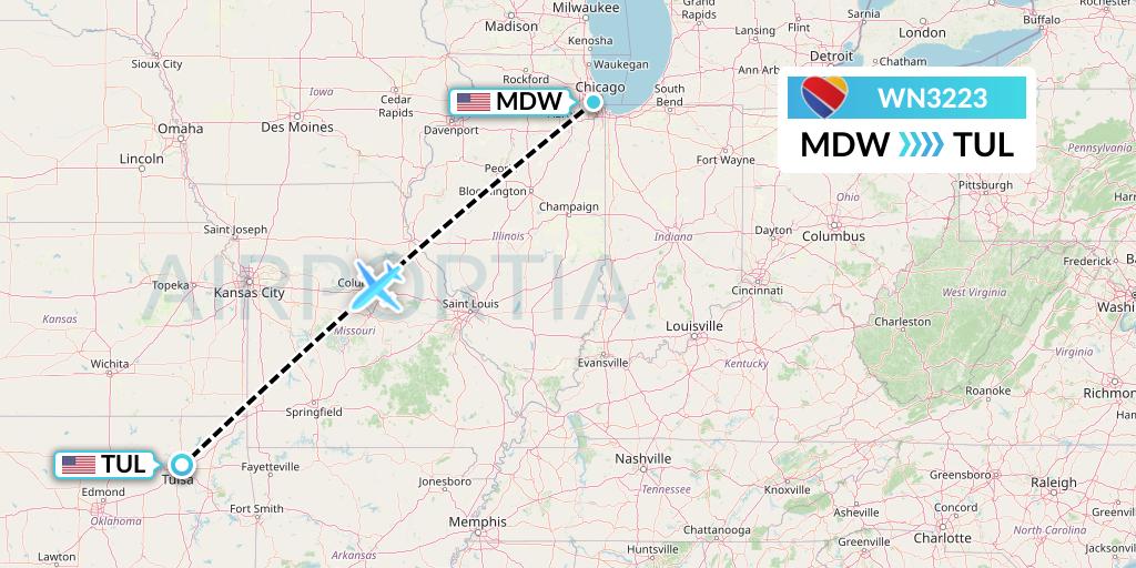 WN3223 Southwest Airlines Flight Map: Chicago to Tulsa